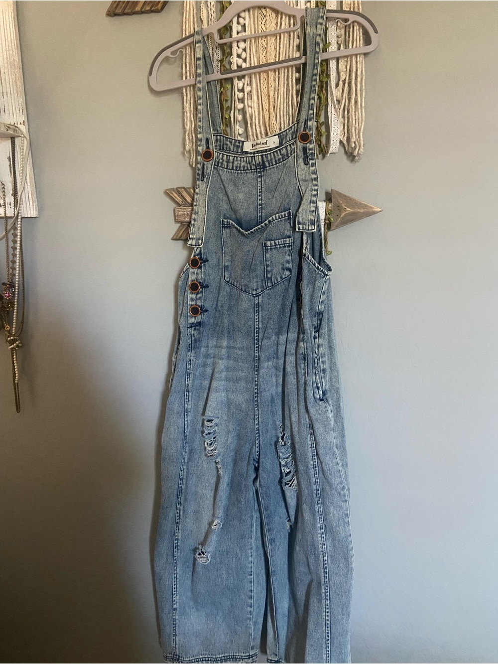 Three Bird Nest Light Wash Distressed Denim Overalls Jumpsuit